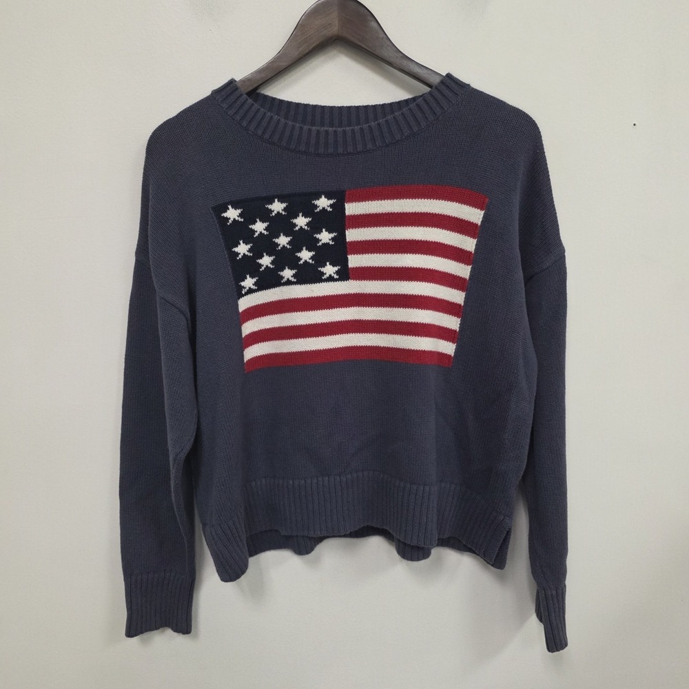 Old Navy Womens Flag Sweater Size M Red White Blue 100% Cotton Americana Boxy